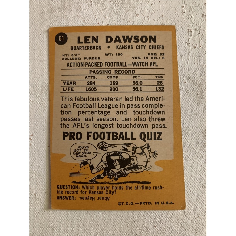1967 Topps Set-Break # 61 Len Dawson VG - Picture 2 of 2